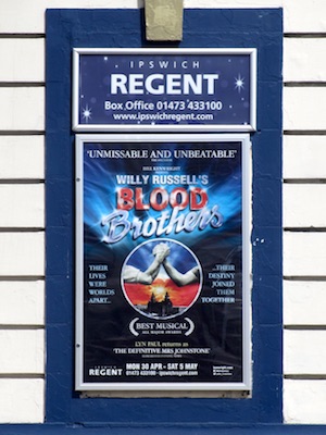 Poster advertising 'Blood Brothers' outside the Regent Theatre, Ipswich.