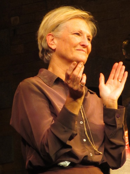 Lyn Paul applauds Bill Kenwright as he addresses the audience after the final performance of Blood Brothers.