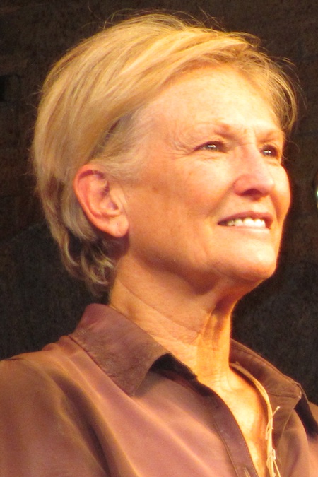 Lyn Paul listening to Bill Kenwright as he addresses the audience after the final performance of Blood Brothers.