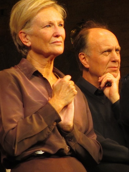 Lyn Paul listening to Bill Kenwright as he addresses the audience after the final performance of Blood Brothers.