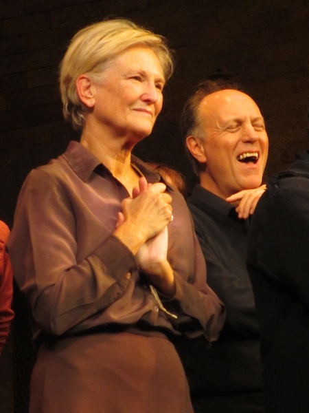 Lyn Paul listening to Bill Kenwright as he addresses the audience after the final performance of Blood Brothers.