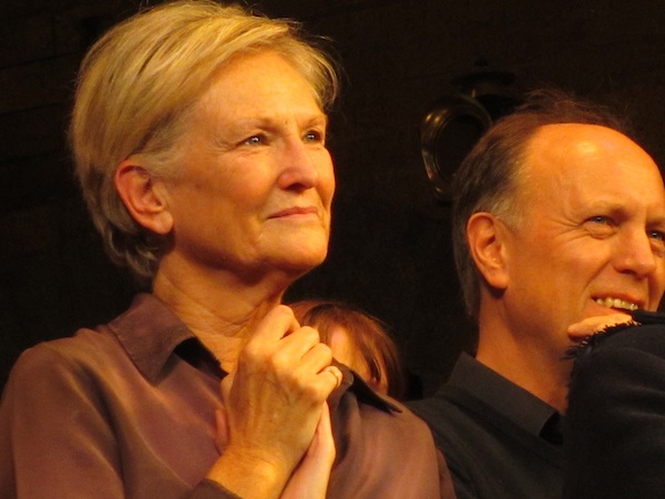 Lyn Paul listening to Bill Kenwright as he addresses the audience after the final performance of Blood Brothers.