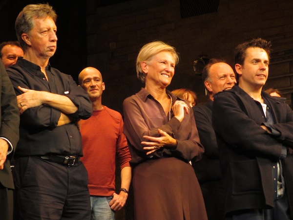 Lyn Paul and the rest of the cast listening to Bill Kenwright as he addresses the audience after the final performance of Blood Brothers.