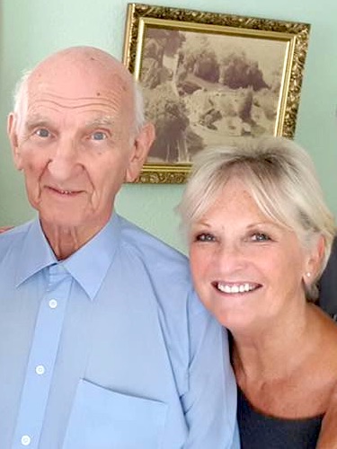 Lyn Paul with her dad Dennis on his 90th birthday, 22 July 2017.