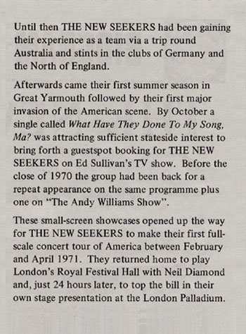 New Seekers' Biogram.