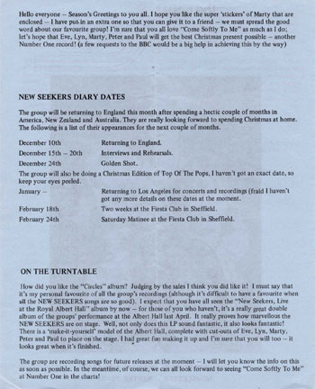 New Seekers' Official Fan Club Newsletter, Winter '72-73.