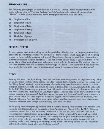 New Seekers' Official Fan Club Newsletter, Winter '72-73.