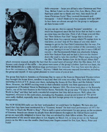 New Seekers' Official Fan Club Newsletter, Spring 1973.