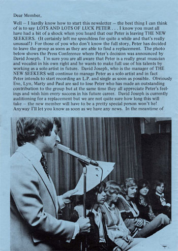 New Seekers' Official Fan Club Newsletter, Summer 1973.