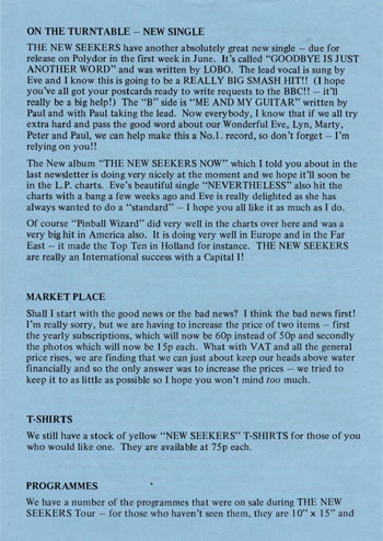 New Seekers' Official Fan Club Newsletter, Summer 1973.