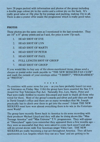 New Seekers' Official Fan Club Newsletter, Summer 1973.