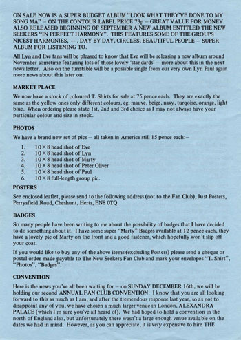 New Seekers' Official Fan Club Newsletter, Autumn 1973.