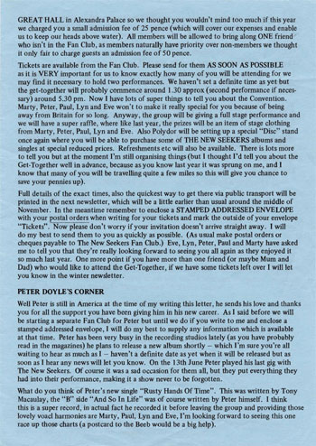 New Seekers' Official Fan Club Newsletter, Autumn 1973.