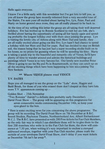 New Seekers' Official Fan Club Newsletter, Winter 1973.