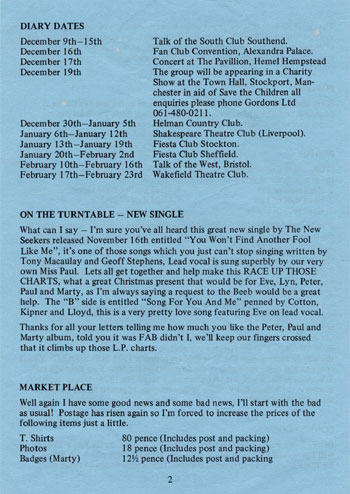 New Seekers' Official Fan Club Newsletter, Winter 1973.
