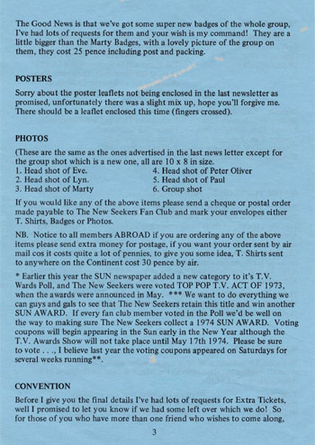 New Seekers' Official Fan Club Newsletter, Winter 1973.