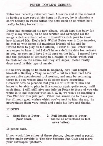 New Seekers' Official Fan Club Newsletter, Winter 1973.