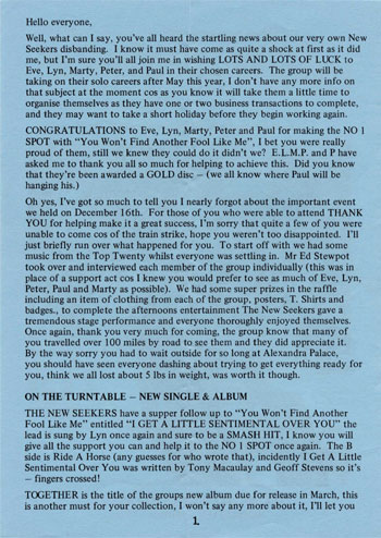 New Seekers' Official Fan Club Newsletter, Spring 1974.