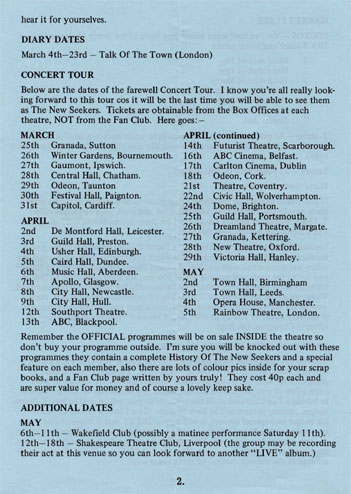 New Seekers' Official Fan Club Newsletter, Spring 1974.