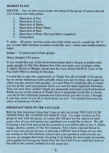 New Seekers' Official Fan Club Newsletter, Spring 1974.