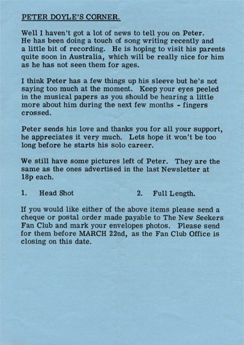 New Seekers' Official Fan Club Newsletter, Spring 1974.